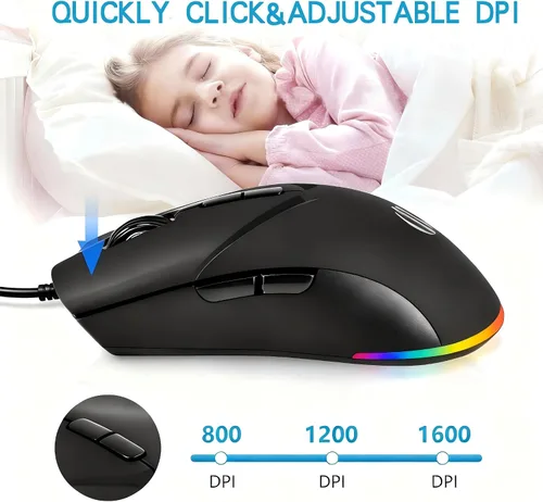 Vista 3 de Ratón con cable, ratón USB para computadora de 1600 DPI, mouse óptico móvil de diseño ergonómico con cable para computadora portátil, PC