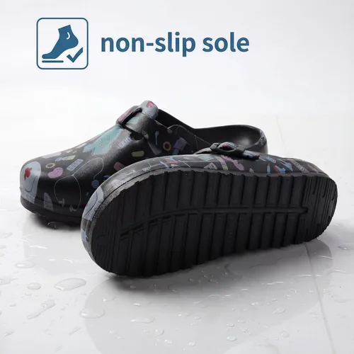 Vista 3 de Zuecos de enfermera estampados para mujer: zuecos de jardín sin cordones, impermeables, ligeros, duraderos, antideslizantes, cómodos para turnos
