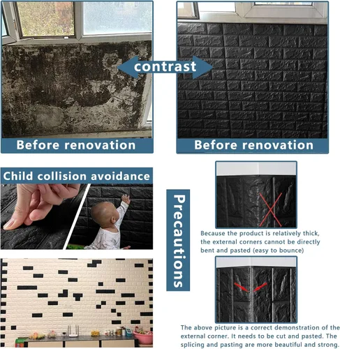 Vista 6 de 10 paneles de pared 3D negros, cobertura de 14.5 pies cuadrados, adhesivo imprimible con paneles de pared de espuma de polietileno autoadhesivos