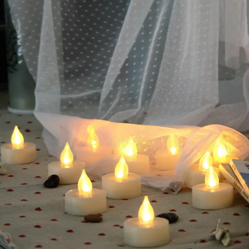 Vista 12 de Velas pequeñas de luz led, efecto de llama parpadeante, con pilas y control remoto. Luces decorativas para bautismo, bodas, fiestas, regalos. 6