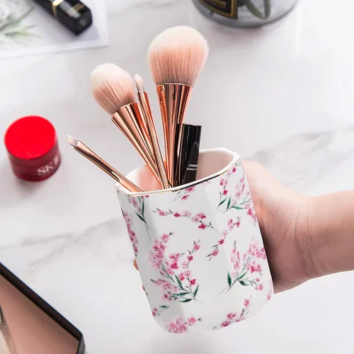 Vista 6 de Soporte para bolígrafo para escritorio, con patrón floral, taza de lápices para niñas, niños, organizador de escritorio de cerámica duradero, Rosa