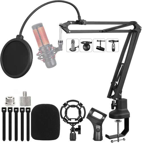 Vista 8 de Soporte de micrófono para Blue Yeti, soporte de micrófono de tijera Quadcast con brazo de boom, parabrisas y filtro pop de pantalla doble capa