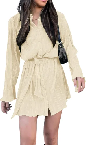 Vista 3 de LYANER Vestido camisero mini plisado de manga larga con cuello en V abotonado para mujer con cinturón