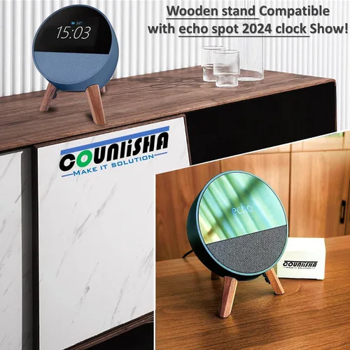 Vista 7 de Real Wood Stand for Echo Spot (2024 Released) Smart Alarm Clock, Tripod Mount Accessories Protect Alexa for Better Sound, Secure Stable Wooden