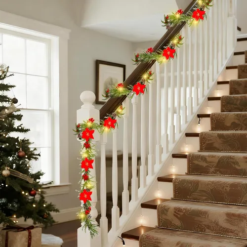 Vista 6 de DR.DUDU Guirnalda de Navidad artificial preiluminada de 9 pies con 30 luces LED, alimentada por baterías con conos de pino, bayas rojas, agujas