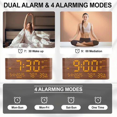 Vista 4 de PPLEE Reloj despertador digital de 8.7 pulgadas para dormitorio, reloj digital con día de la semana, mes, año, humedad y temperatura, brillo