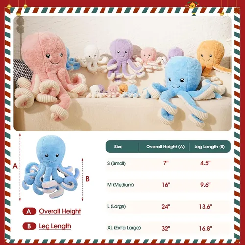 Vista 3 de DENTRUN Pulpo de peluche gigante, muñeca de pulpo de peluche para niños, niñas, adultos, regalo de cumpleaños, Navidad, Halloween, animales marinos