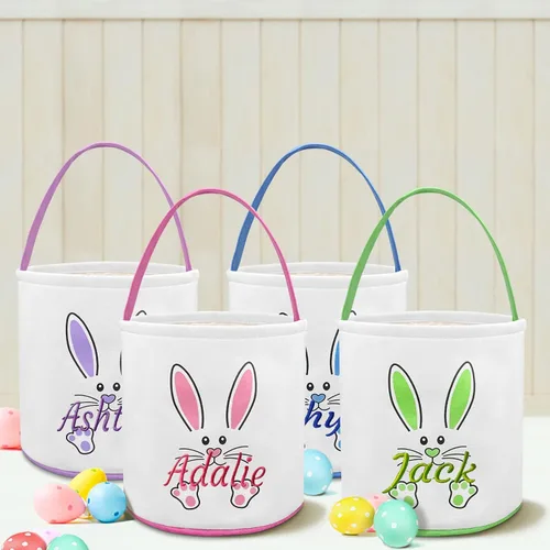 Vista 4 de Canastas de Pascua de lona para niños, cestas de Pascua personalizadas, grandes, personalizadas con nombre, cestas de regalo para bebés, para niños