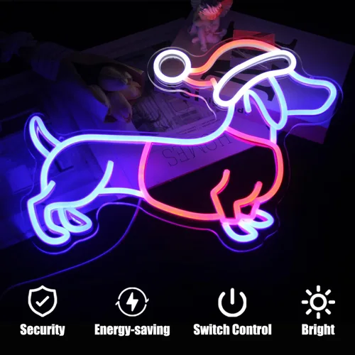 Vista 2 de Letrero de neón de perro salchicha con sombrero de Navidad, letrero LED de neón de perro salchicha, luces de neón de perro salchicha