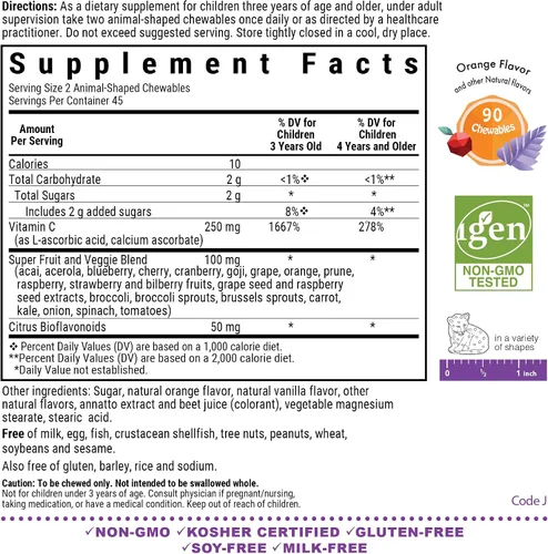 Vista 2 de Bluebonnet Nutrition Rainforest Animalz - Tabletas masticables de vitamina C con forma de animal, 250 mg de vitamina C, sin soja, sin gluten