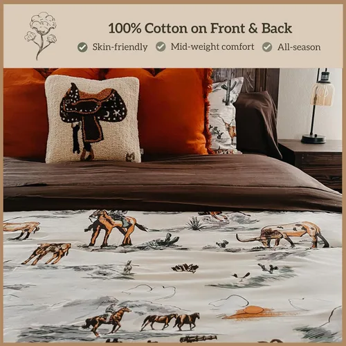 Vista 3 de Paseo Road Ranch Life Western Bedding, Juego de edredón de 2 piezas tamaño Twin de algodón, juego de edredón occidental con estampado de caballo