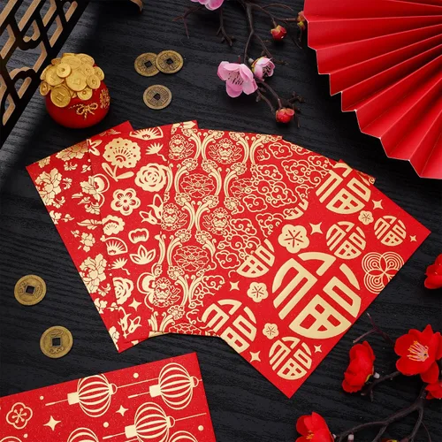 Vista 3 de 48 sobres rojos de año nuevo chino, festival de primavera, bolsillo de dinero de la suerte, patrón de lámina de oro rojo, Hong Bao para fiestas