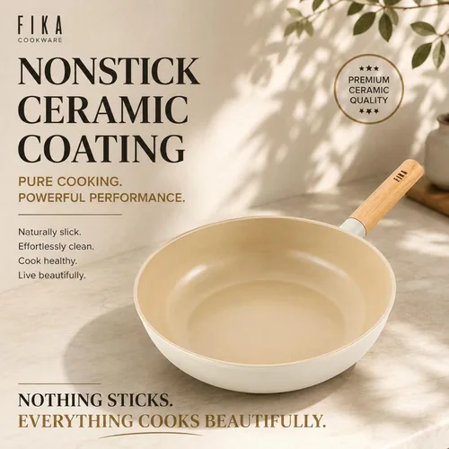 Vista 5 de FIKA - Sartén para wok con revestimiento de cerámica antiadherente de 10 pulgadas con mango de madera natural, compatible con inducción, sartén