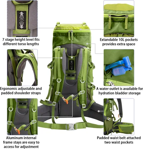 Vista 6 de Ubon Mochila de senderismo con marco interno de 50/60 L, mochila de camping para hombres y mujeres con cubierta de lluvia verde (60L-Green)