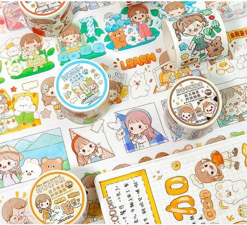 Vista 3 de Kawaii Art Washi Tape - Linda cinta adhesiva para escuela, suministros de oficina, estética, caricaturas, juego de cinta adhesiva decorativa