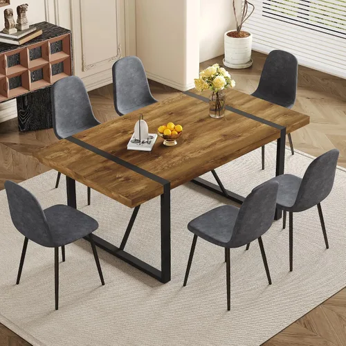 Vista 12 de Juego de mesa de comedor rústica de 5 piezas para 4 personas, mesa de comedor rectangular de madera moderna de mediados de siglo de 55 pulgadas