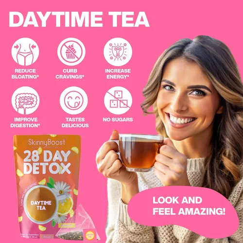 Vista 4 de SkinnyBoost Té diurno de desintoxicación para 28 días, menta cítrica (28 bolsas de té) apoya el metabolismo, desintoxicación, todo natural, sin OMG