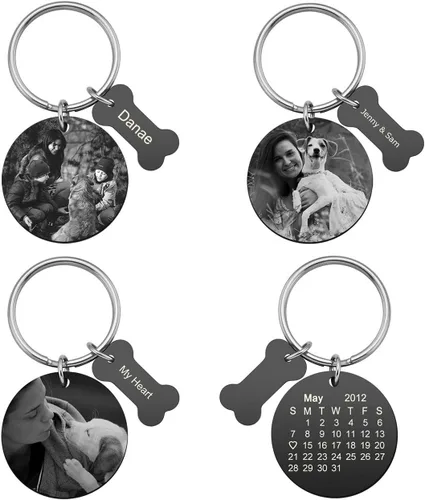 Vista 2 de PiercingJ Llavero de acero inoxidable personalizado con fotos y calendario, grabado con foto, regalo conmemorativo para mascotas, placa redonda