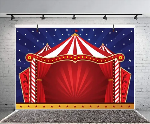 Vista 4 de Laeacco Telón de fondo rojo para tienda de campaña de circo de dibujos animados, rayas rojas y blancas, cortina roja de circo, 5 x 3 pies, fondo