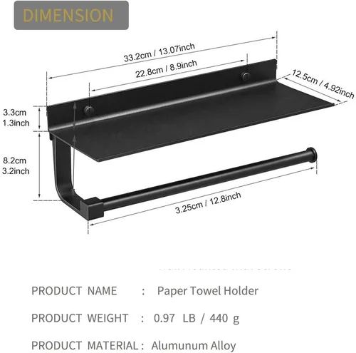 Vista 3 de BESy Soporte adhesivo para toallas de papel montado en la pared para cocina de 13 pulgadas, colgador de rollo de papel de baño con estante