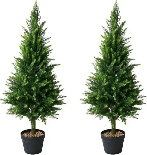 Vista 9 de Juego de 2 arbustos artificiales de boj de Navidad, plantas artificiales de exterior resistentes a los rayos UV de 20 pulgadas con picos de tierra 2