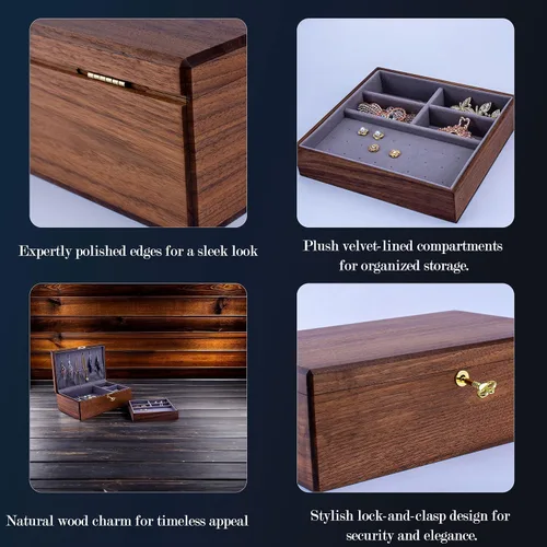 Vista 3 de Exquisito joyero de madera de nogal negro, organizadores y soporte solución de almacenamiento noble y elegante, para mujeres, niñas, San Valentín
