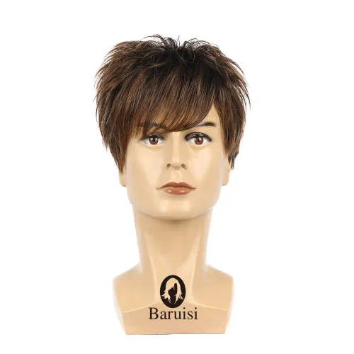 Vista 2 de Peluca corta para hombre color marrón, peluca de pelo sintético natural en capas marrón (Brown 1)