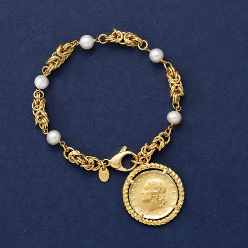 Vista 4 de Ross-Simons Italian 6mm Cultured Pearl and Replica Lira Coin Byzantine Bracelet in 18kt Gold Over Sterling