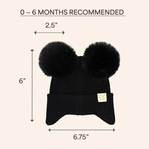 Vista 5 de C.C Gorro de Bebé con Doble Pompón de Piel con Orejeras para Niños y Niñas - Gorro de Punto Skully Cómodo, Suave y Cálido para Bebés, Niños Pequeños