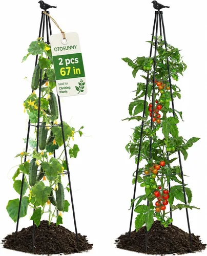 Vista 8 de OTOSUNNY Enrejado de jardín para plantas trepadoras al aire libre, 67 pulgadas de alto, enrejado de metal de obelisco para plantas trepadoras