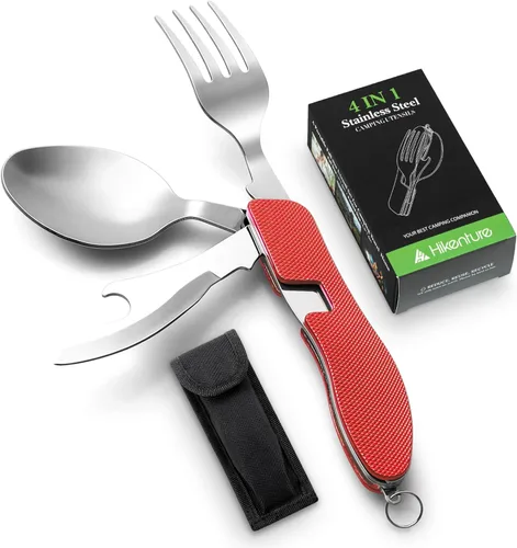 Vista 10 de HIKENTURE 4 en 1 Utensilios para Camping, Juego de Cubertería de Acero Inoxidable con Cuchara, Tenedor, Cuchillo y Abrebotellas, Cubiertos