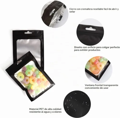 Vista 3 de 100 bolsas de Mylar resellables, a prueba de olores, con ventana transparente; bolsa de papel aluminio, plana, con cierre resellable. Negro