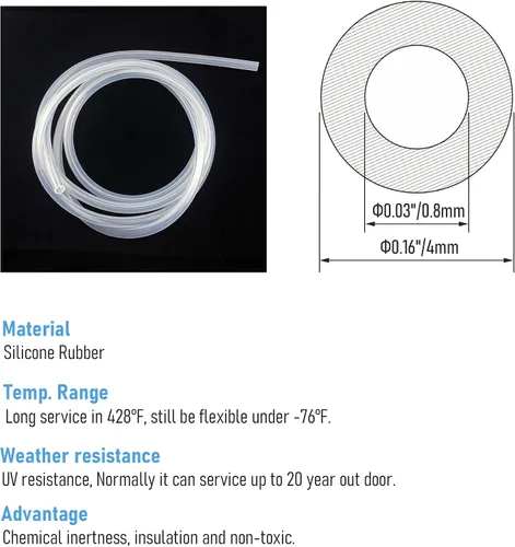 Vista 2 de Tubo de silicona de 0.8 x 4 mm/0.03 x 0.16 "(IDxOD) 16.4 pies de longitud, tubo de bomba peristáltica transparente flexible de goma de silicona