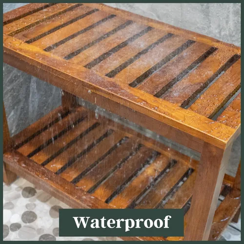 Vista 7 de Banco de ducha de teca de 30 pulgadas – Banco de madera totalmente montado con estante, resistente al agua, pies ajustables antideslizantes – Spa