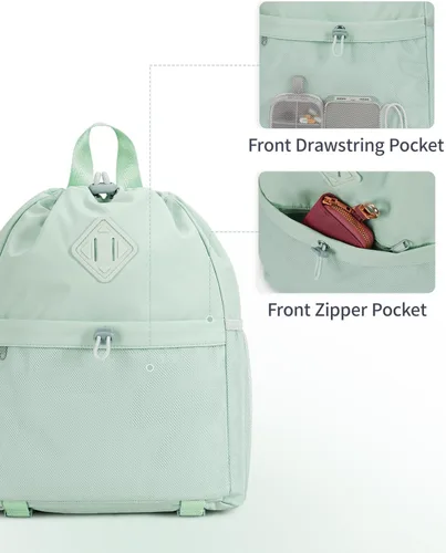 Vista 7 de WANDF Mochila con cordón para mujer, bolsa de gimnasio con correa para esterilla de yoga, resistente al agua, con bolsillo de malla, Verde