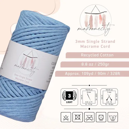 Vista 2 de Makromecity, Cordón de macramé de un solo hilo de 3 mm x 100 yardas (300 pies) de 3 mm de cordón de algodón azul bebé para arte y manualidades