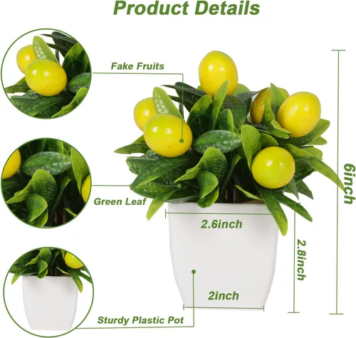 Vista 7 de Yoratee 4 plantas de limón artificiales en maceta de frutas falsas de 6 pulgadas, árbol de limones falsos con maceta pequeña, mini planta falsa
