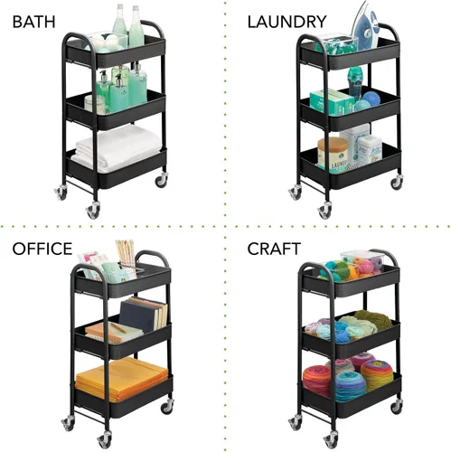 Vista 3 de mDesign Carritos de almacenamiento de metal con ruedas de 3 niveles, carrito organizador para baño, cocina, lavandería, oficina y habitaciones