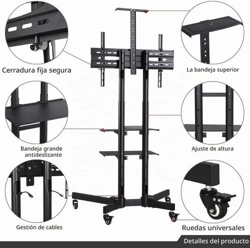 Vista 5 de Yaheetech Soporte de TV móvil, carrito de televisión ajustable con ruedas de bloqueo para pantalla plana de plasma LED LCD 30-60 de hasta 110