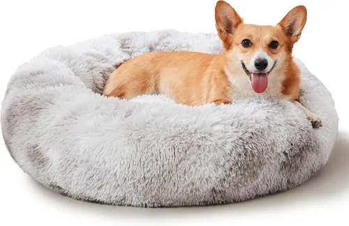Vista 38 de Cama calmante para perros y gatos, cama antiansiedad, de felpa, con forma de dona, redonda, acolchada, de piel sintética, suave y esponjosa