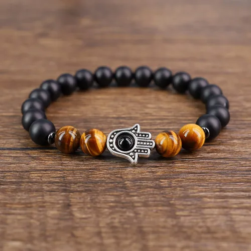Vista 3 de Pulsera Hamsa con cuentas de piedra de tigre de ónix