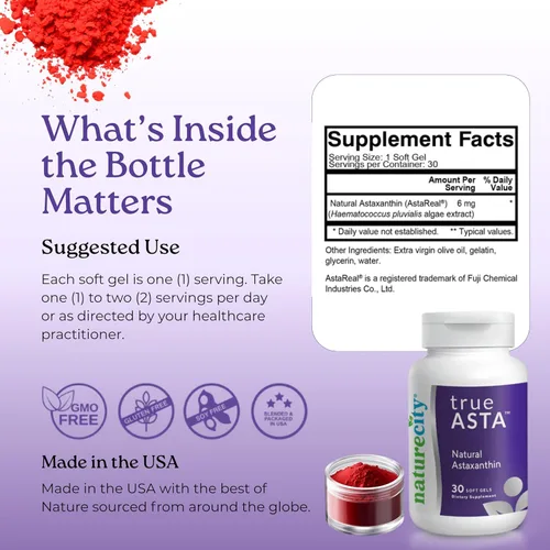 Vista 7 de NatureCity TrueAsta Suplemento de astaxantina de 6 mg con AstaReal Apoya los ojos, la piel, las articulaciones, los músculos, el cerebro