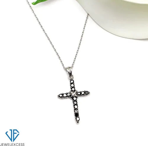Vista 4 de JEWELEXCESS Collar con colgante de cruz de diamante de CTW de plata de ley para mujer, diamantes negros + cadena de cuerda de 18 pulgadas incluida
