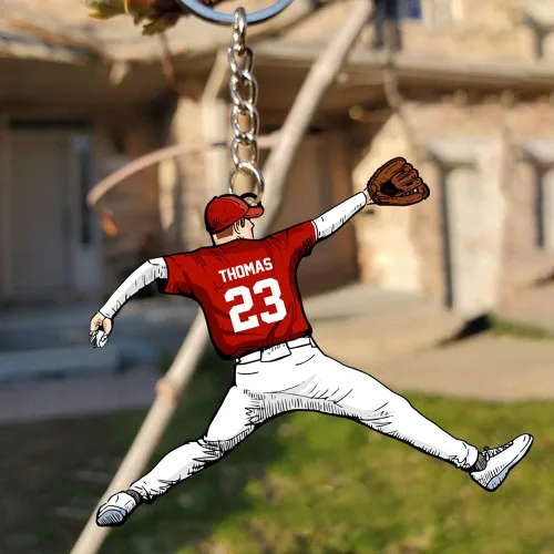 Vista 3 de Llavero de béisbol personalizado con forma plana, llavero de béisbol personalizado con nombre, llavero de regalo de béisbol personalizado, llavero