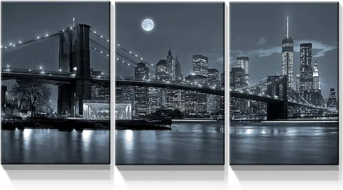 Vista 11 de Denozer - Lienzo decorativo para pared de 3 piezas - Paisaje con paisaje urbano, arte de puente, arte de pared para sala de estar, decoración