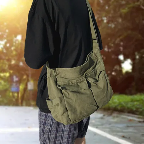 Vista 6 de Bolsa de mensajero de lona, bolsa de mensajero vintage con múltiples bolsillos, bolsas casuales grandes, bolsa de ocio de hombro para mujeres