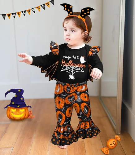 Vista 2 de MIGU My First Halloween Baby Girl Outfit Halloween Costumes Bat Ruffle Romper Tops + Pants 3pcs Halloween Infant Baby Clothes