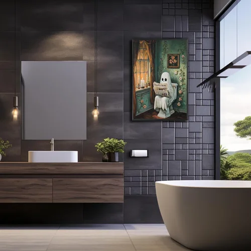 Vista 6 de Arte de pared de periódico de lectura de fantasmas para Halloween, baño, pósteres divertidos de fantasmas en el inodoro, espeluznante academia