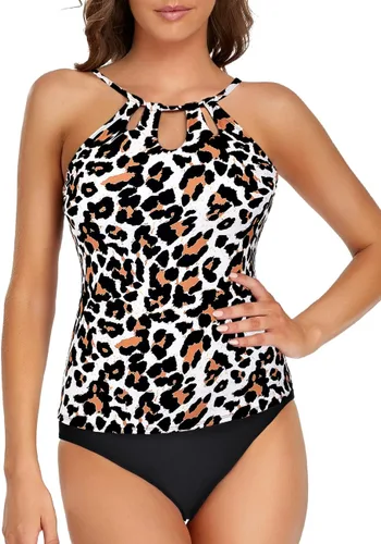 Vista 2 de Hilor Traje de baño tankini para mujer, cuello alto, dos piezas, traje de baño con agujero de cerradura, tankini con pantalones cortos
