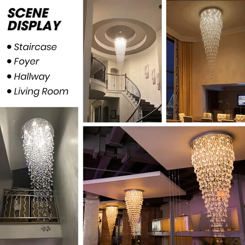 Vista 3 de Candelabro de escalera de cristal contemporáneo, lámpara colgante de suspensión para escalera, techo alto, vestíbulo, entrada, 32 pulgadas de ancho
